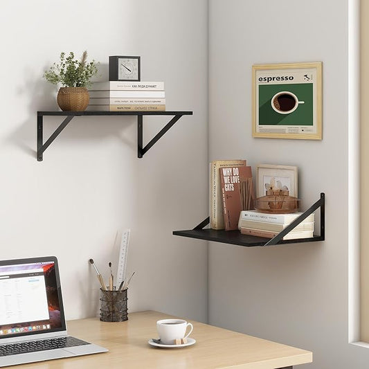 Fun Memories Deep Floating Shelves for Wall, 12 Inch Deep Black Floating Shelves Set of 2, 16" W x 12" D Wall Shelf, Wide Display Ledges Shelves for Bedroom, Bathroom, 12 Deep Bookshelf Wall Mounted