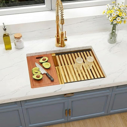 Kitsitchen Gold Undermount Kitchen Sink,16 Gauge SUS304 Stainless Steel Workstation Sink with Accessories, 28 Inch Single Bowl Kitchen Sinks with Round Corner & Offset Drain Design(28" X 18"X 10")