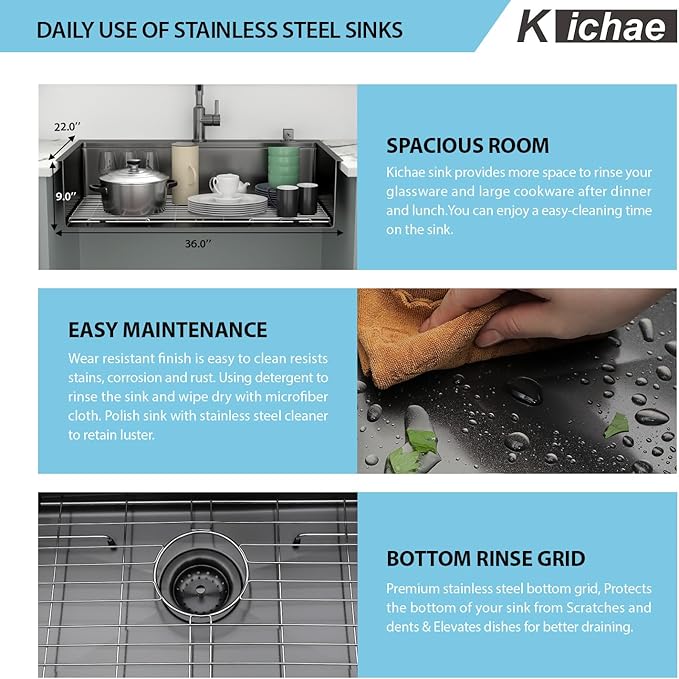 Kichae 36 Black Kitchen Sink Drop In - 36x22 Drop Sink Gunmetal Black Stainless Steel 16G Single Bowl Kitchen Sinks Workstation Handmade Topmount Basin