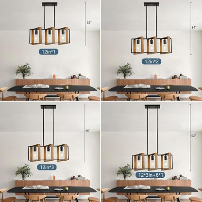 23.6" Kitchen Island Lighting,3 Lights Dining Table Chandelier, Rectangle Island Light for Dining&Living Room, Foyer Hallway,E26, Wood Frame.