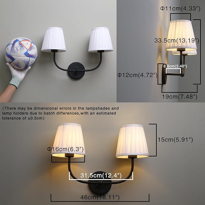 PERMO Vintage Sconce Black 2-Lights Wall Sconces with Pleated White Stripe Fabric Shades Retro Bathroom sconces Hardwired Double Sconce for Farmhouse Bedroom Hallway