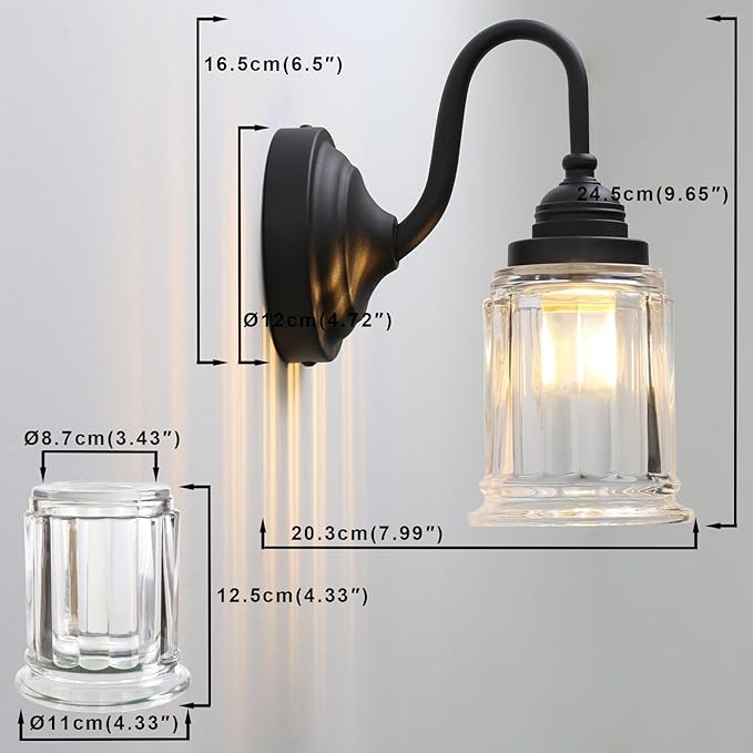 Yosoan Boho Indoor Vintage Wall Sconce with Cup-Shaded Glass, 1-Light Brass Modern Retro Vanity Hardwired Wall Mounted with Clear Striped Shade for Living Room Bedroom Fireplace Hallway(Black)