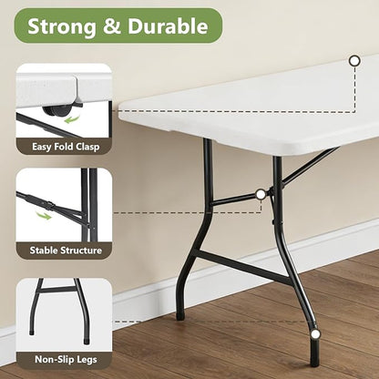 Folding Table 8ft - Heavy Duty Plastic Table with Handle, Foldable & Portable, Fold-in-Half Utility Tables for Outdoor, Dining, Wedding, Events, Indoor, Picnic, Camping, Party (White)