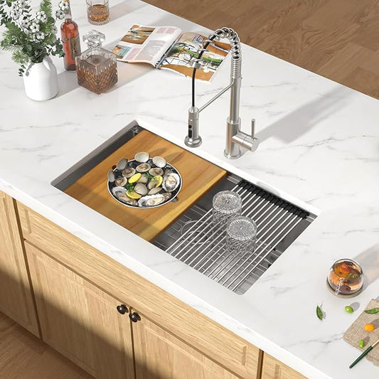 30 Inch Undermount Kitchen Sink 30x19 Workstation All-In One 16 Gauge 304 Stainless Steel Single Bowl Handmade Under Counter Sinks Basin with Accessories #TLU-0039