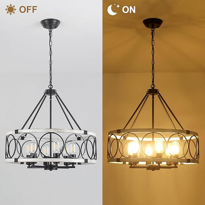 Rustic Farmhouse Chandelier 6 Light, Dining Room Light Fixtures Over Table, Hanging Farmhouse Light Fixture Round Chandelier for Kitchen Island Entryway Foyer Bedroom-Black & White Oak