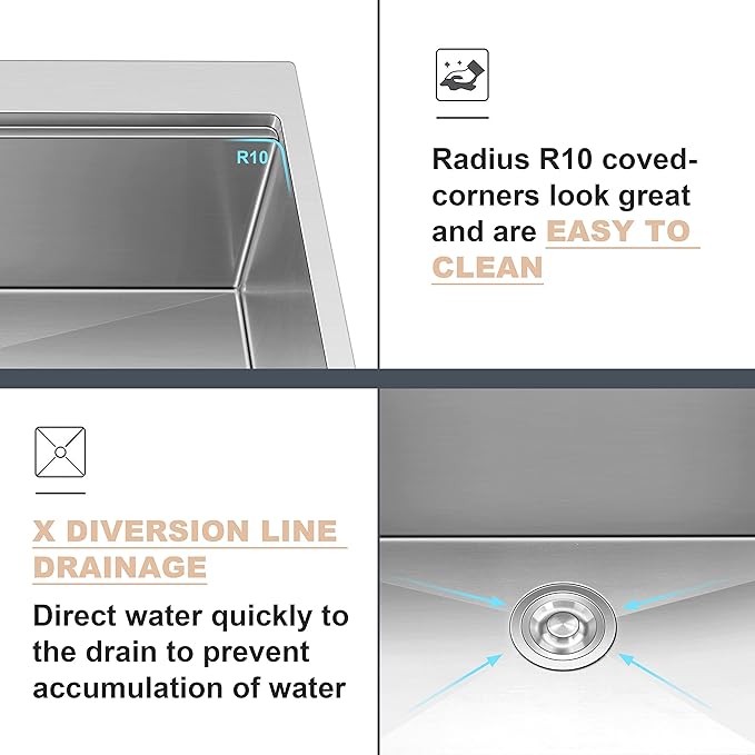 Herogo 33 X 22 Workstation Kitchen Sink, 10" Deep Drop In 18/10 Stainless Steel Topmount Single Bowl 2-Hole R10 Tight Radius Large Kitchen Sinks with Kit of 5 Accessories