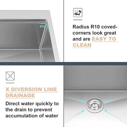 Herogo 33 X 22 Workstation Kitchen Sink, 10" Deep Drop In 18/10 Stainless Steel Topmount Single Bowl 2-Hole R10 Tight Radius Large Kitchen Sinks with Kit of 5 Accessories