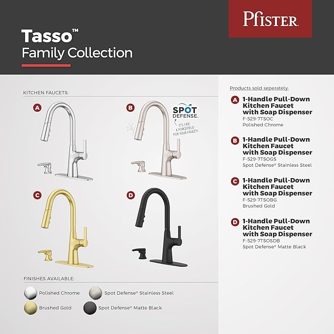 Pfister Tasso Kitchen Faucet with Pull Down Sprayer and Soap Dispenser, Single Handle, High Arc, NSF Certified, Polished Chrome Finish, F5297TSOC