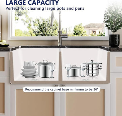 DeerValley Farmhouse Sink Workstation, 33 inch White Fireclay Apron Front Farm Sinks, Double Bowl Deep Drop-in Undermount Sink with Workstation Accessories
