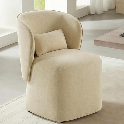 KISLOT Upholstered Dining Chairs with Wheels, Easy Assembly Stain Resistant Fabric Modern Barrel Armchair with Lumbar Cushion, Dining Room Chairs for Kitchen Living Room Bedroom, Sand, Set of 2