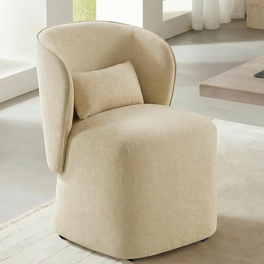 KISLOT Upholstered Dining Chairs with Wheels, Easy Assembly Stain Resistant Fabric Modern Barrel Armchair with Lumbar Cushion, Dining Room Chairs for Kitchen Living Room Bedroom, Sand, Set of 1