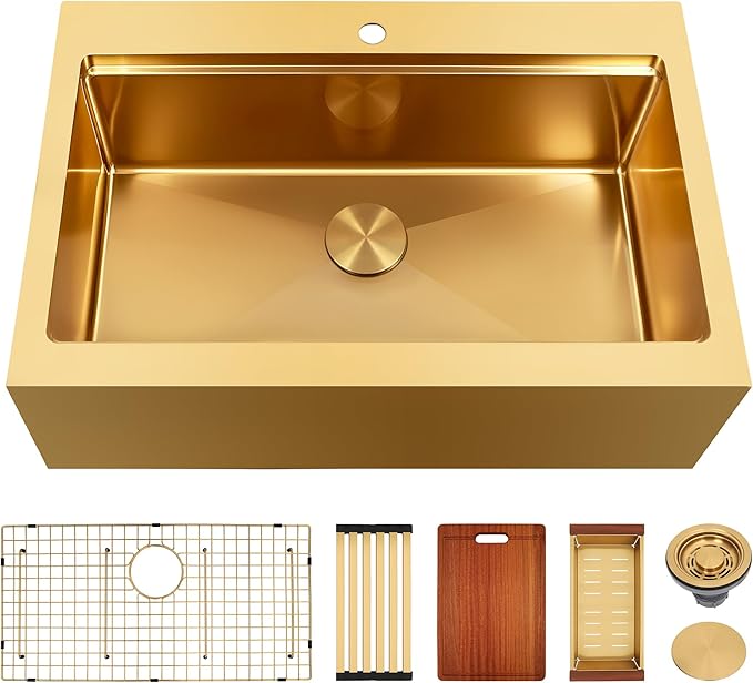 Rhbamoa 30 Inch Gold Farmhouse Sink,16 Gauge T304 Gold Single Bowl Apron Front Farm Sink,10 Inch Depth Topmount Farmhouse Kitchen Sinks with All Accessories