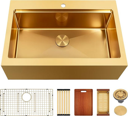 Rhbamoa 30 Inch Gold Farmhouse Sink,16 Gauge T304 Gold Single Bowl Apron Front Farm Sink,10 Inch Depth Topmount Farmhouse Kitchen Sinks with All Accessories