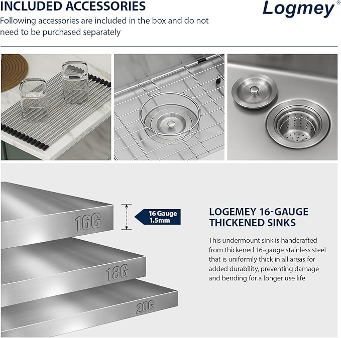Logmey 24 Inch Farmhouse Sink 24x20 Apron Front Stainless Steel Farn Sinks 16 Gauge Single Bowl Kitchen Sink 24x20x9
