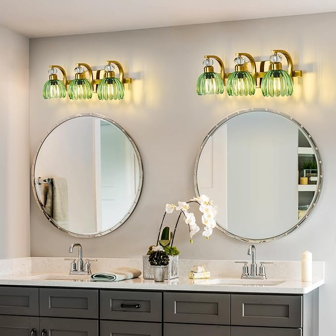 Vintage Bathroom Vanity Light Fixture 3 Lights Gold Bathroom Lighting with Green Glass Shade Mid Century Vanity Light Over Mirror for Kitchen Bedroom Living Room Farmhouse