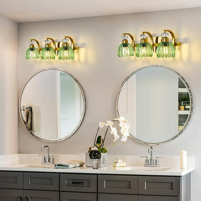 Vintage Bathroom Vanity Light Fixture 3 Lights Gold Bathroom Lighting with Green Glass Shade Mid Century Vanity Light Over Mirror for Kitchen Bedroom Living Room Farmhouse
