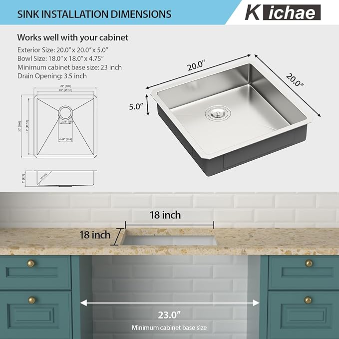 Kichae 20 Inch Undermount Sink 20 x 20 x5 Stainless Steel Kitchen Sink 16 Gauge Single Bowl Handmade Modern 5" Shallow Kitchen Sink ADA Small Round Corner Handmade Basin