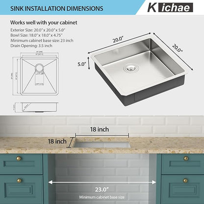 Kichae 20 Inch Undermount Sink 20 x 20 x5 Stainless Steel Kitchen Sink 16 Gauge Single Bowl Handmade Modern 5" Shallow Kitchen Sink ADA Small Round Corner Handmade Basin