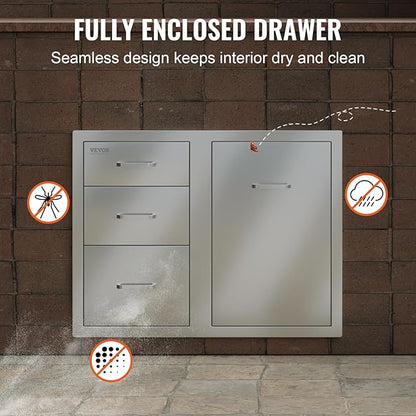 VEVOR Stainless Steel Cabinet, Outdoor Kitchen Door Drawer Combo 29.5" W x 22.6" H x 21.7" D, Access Door/Triple Drawers, Propane Drawer, Adjustable Garbage Ring, BBQ Island Patio Grill Station