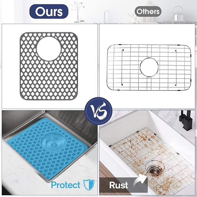 Snuggery 2PCS Silicone Sink Protector 12"x14" Rear Drain Hole, Heat Resistant Non-slip Dishwasher Suitable, Large Mat for Bottom of Farmhouse Kitchen Stainless Steel Sink