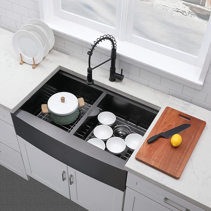 VCCUCINE 33 Inch Gunmetal Black Double Farmhouse Sink, 33X22 Double Bowl Farmhouse Kitchen Sink, 16 Gauge 50/50 Stainless Steel Apron Front Farm Sink, Drop In Workstation Farmer Sink With Accessories