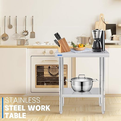 KUARBARR Stainless Steel Table for Prep & Work with Undershelf 24 x 24 Inches NSF Metal Commercial Kitchen Prep Table with Adjustable Under Shelf Worktable for Restaurant Home Outdoor