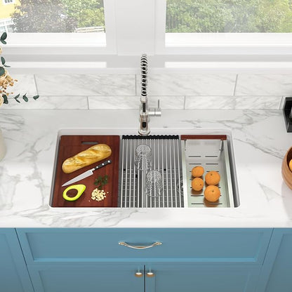Sarlai 33 Granite Kitchen Sink Double Bowl - 33"x19" White Granite Composite Kitchen Sink Ledge Workstation White Undermount Double Bowl 50/50 Low Divide Quartz Classic Composite Under Counter Basin