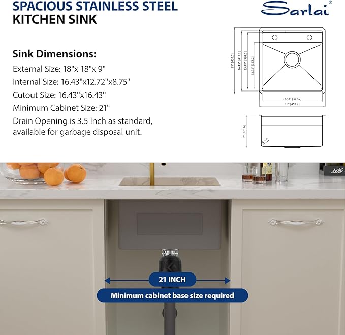 Sarlai Undermount Bar Sink - 18 Inch Gold Undermount Kitchen Sink Workstation with Foldable Faucet 18x18 Inch Outdoor Bar Prep Single Bowl Gold Sinks 16 Gauge Stainless Steel BBQ Basin with Cover