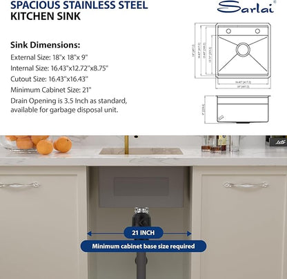 Sarlai Undermount Bar Sink - 18 Inch Gold Undermount Kitchen Sink Workstation with Foldable Faucet 18x18 Inch Outdoor Bar Prep Single Bowl Gold Sinks 16 Gauge Stainless Steel BBQ Basin with Cover
