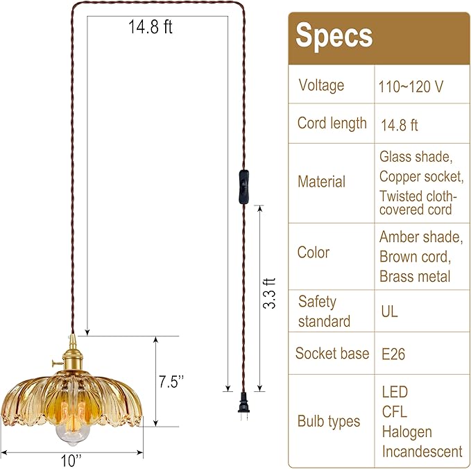 Plug-in Pendant Light Fixture, Hanging Light Fixture, Glass Pendant Light, Swag Lamp with Inline On/Off Switch for Kitchen Island, Bedroom, Dining Room, Living Room (Amber Lotus, Plug-in)