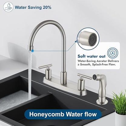 Kitchen Faucets, High Arc 360°Rotating Spout Kitchen Sink Faucet, 2 Handle 8 Inch Centerset RV Kitchen Faucet with Supply Lines, 3 or 4 Hole Kitchen Faucet with Side Sprayer, Brushed Nickel