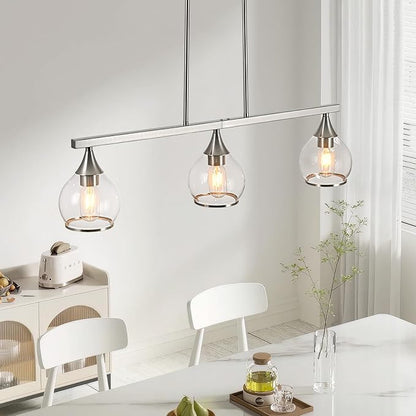 Island Light for Kitchen, 3-Light Brushed Nickel Island Pendant Lighting with Clear Round Glass Shades for Dining Table, Living Room