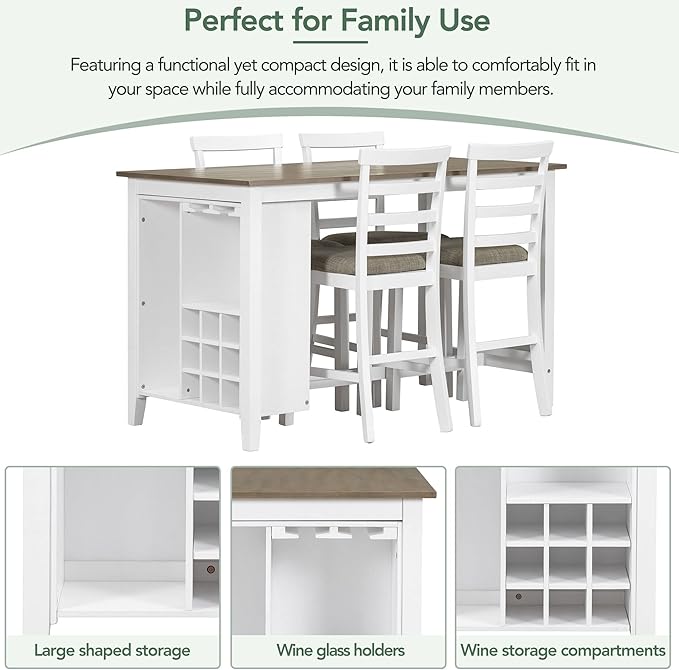 LUMISOL 5 Piece Counter Height Dining Table Set, Solid Wood Kitchen Table Set with 4 Upholstered Chairs, Multi-Functional Table with Bar Wine Compartment and Wineglass Holders, Brown+White