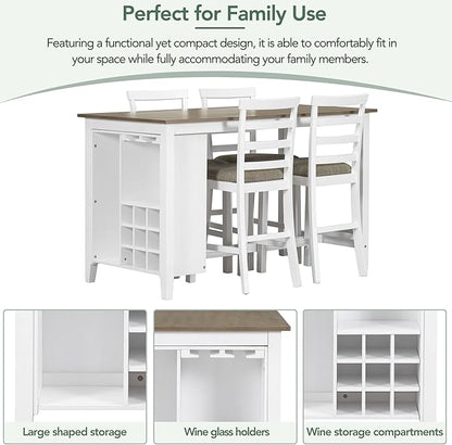LUMISOL 5 Piece Counter Height Dining Table Set, Solid Wood Kitchen Table Set with 4 Upholstered Chairs, Multi-Functional Table with Bar Wine Compartment and Wineglass Holders, Brown+White