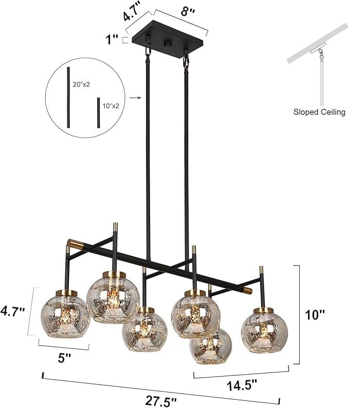 KSANA Dining Room Light Fixture, Modern Metal Black Gold Chandelier for Kitchen Island with Mercury Glass Shades, 27.5"