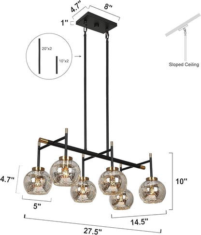 KSANA Dining Room Light Fixture, Modern Metal Black Gold Chandelier for Kitchen Island with Mercury Glass Shades, 27.5"