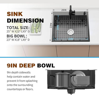 Black Kitchen Sink,25x22 Inch Kitchen Sink Stainless Steel Drop In Kitchen Sink Topmount Stylish and Modern Look Sink With Bottom Grid,Silicon Mat And Drain Assembly Add Elegance & Enhance Usability