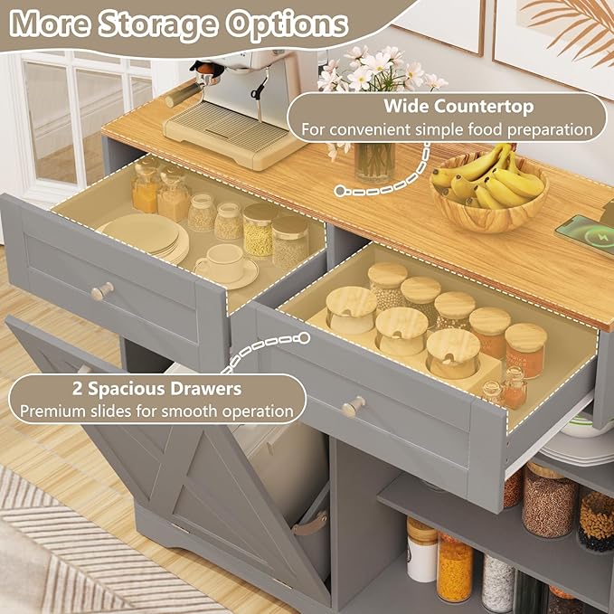Giantex Kitchen Island with Tilt Out Trash Can Storage & Power Outlet, 39.5" W Island Table with 2 Drawers, 2-Tier Spice Racks, Adjustable Shelf for Dining Room, Laundry Room (Grey+Walnut)