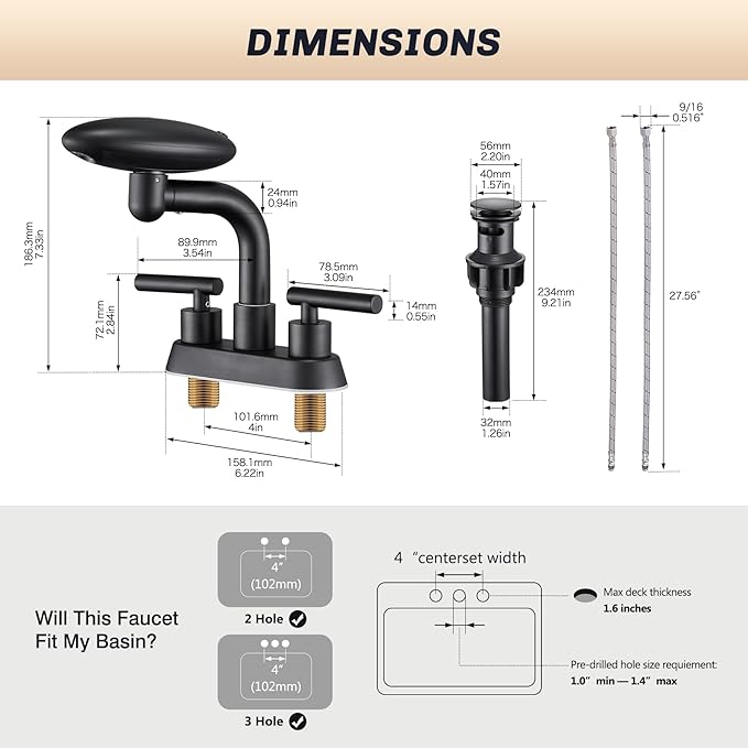 Matte Black Bathroom Sink Faucet，Modern 3 Hole Bathroom Faucet 2 Handle 4 Inch Centerset with 4 Water Outlet Modes, 360° Swivel Spout & Pop-Up Drain