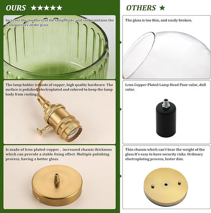 Shenmoyl Pendant Light 2 Pack with Green Striped Glass Lmapshade, Brass Vintage Pendant Light Adjustable Hanging Light for Kitchen Island Dining Room Hallway