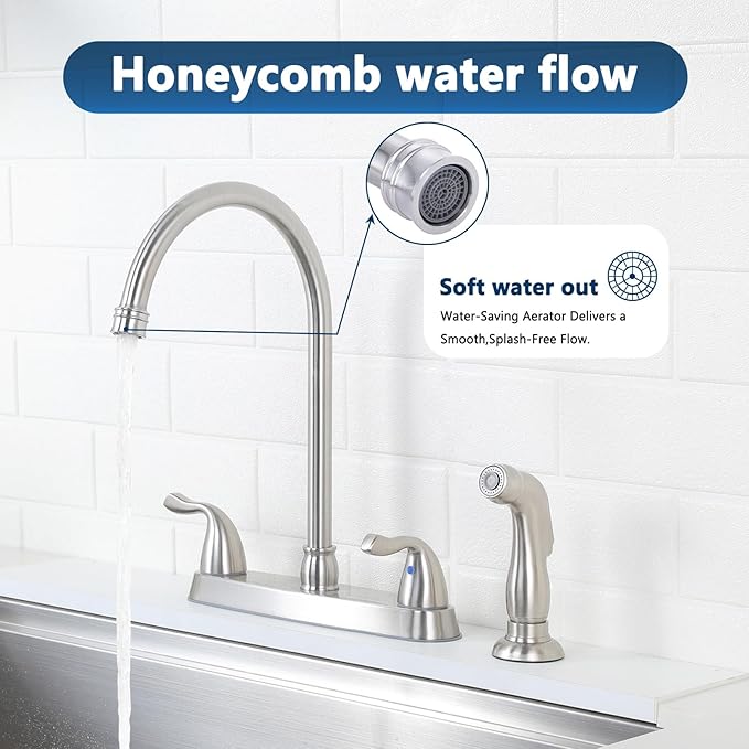 HOTIS Kitchen Faucet with Side Sprayer, 2 Handle 3 or 4 Hole Kitchen Sink Faucets 8 Inch RV Kitchen Faucet with Supply Lines, 360 Swivel Kitchen Faucet Brushed Nickel, HT-SLYT004L-S-1