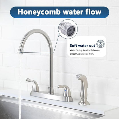HOTIS Kitchen Faucet with Side Sprayer, 2 Handle 3 or 4 Hole Kitchen Sink Faucets 8 Inch RV Kitchen Faucet with Supply Lines, 360 Swivel Kitchen Faucet Brushed Nickel, HT-SLYT004L-S-1