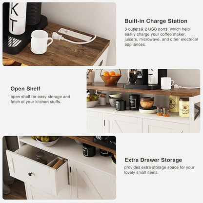 Befrases Farmhouse Buffet Cabinet with Drawers & Open Shelf, Sideboard with Storage, Kitchen Pantry Cabinet Hutch, Coffee Bar Station for Kitchen, Livingroom, 47" L White