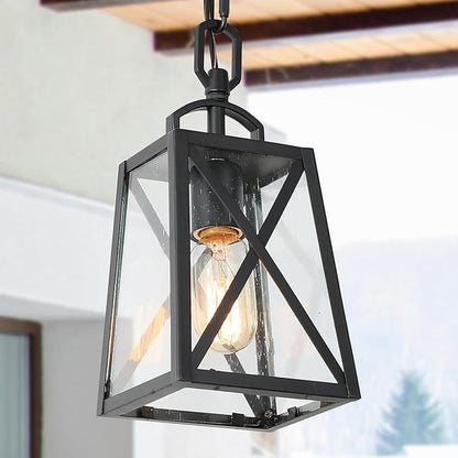 Outdoor Pendant Light Fixture, Farmhouse Exterior Anti-Rust Hanging Lights, Black Ceiling Outdoor Light with Seeded Glass, Hanging Lantern for Front Door, Entry, Porch, and Gazebo