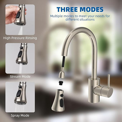 Hibbent Pull Down Kitchen Faucet Head Replacement, NSF/ANSI/CAN 61 & CUPC Certified 3-Function Sink Spray Nozzle with 15 Adapters Compatible with Moen, Delta, Kohler Faucets, Brushed Nickel