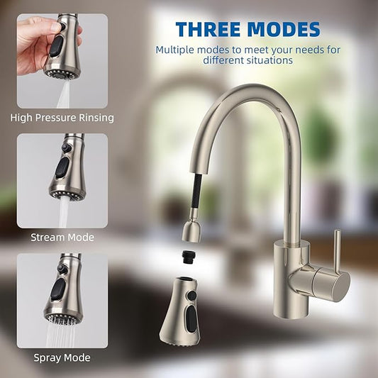 Hibbent Pull Down Kitchen Faucet Head Replacement, NSF/ANSI/CAN 61 & CUPC Certified 3-Function Sink Spray Nozzle with 15 Adapters Compatible with Moen, Delta, Kohler Faucets, Brushed Nickel