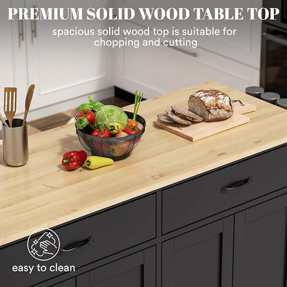 Rovibek Rolling Kitchen Island on Wheels Large Portable Mobile Moveable Islands Wood with Storage Drawers Cabinet Spice Rack Towel Rack for Kitchen Dining Room Jet Black