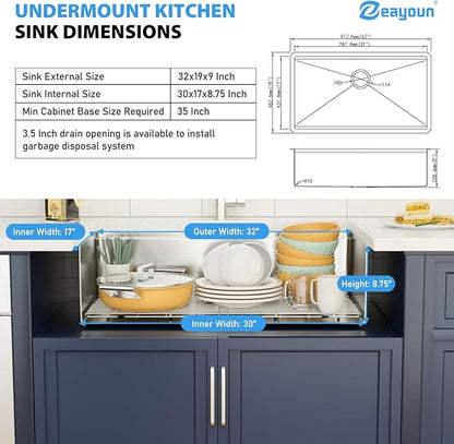32 x 19 Inch Undermount Kitchen Sink Workstation 16 Gauge Stainless Steel Handmade Sink Round Corners Single Bowl Large Deep Under Counter Kitchen Sinks Basin, 32"x19"x9"