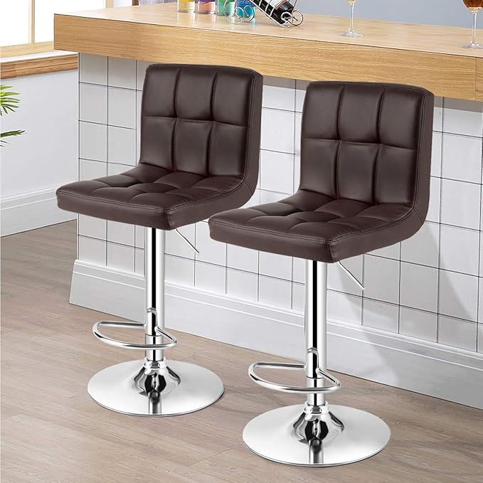 COSTWAY Adjustable Bar Stools Set of 4, Modern Swivel PU Leather Bar Chair with Backrest, Soft Cushioned Seat, Footrest, Sturdy Metal Frame, Comfortable Barstools for Kitchen Island, Pub, Brown