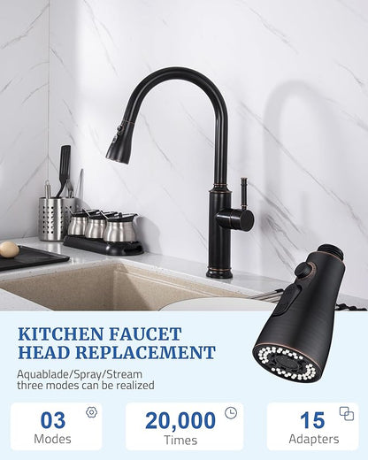 Metal Kitchen Faucet Head Replacement - with 15 Adapters, Pull Down Spray Head for Kitchen Faucet, 3 Function Sprayer Nozzle Stainless Steel, Oil Rubbed Bronze